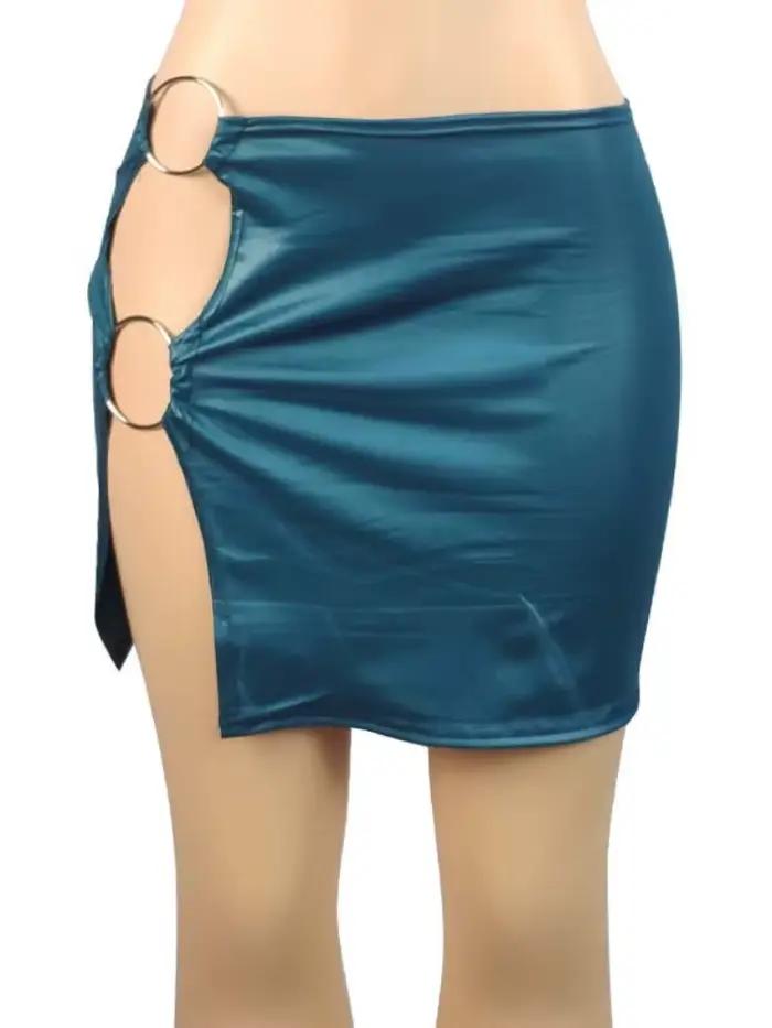 Mini jupe en simili cuir PU pour femmes, anneau métallique, fente latérale, taille haute, Slim, Vintage, moulante, fête en Club