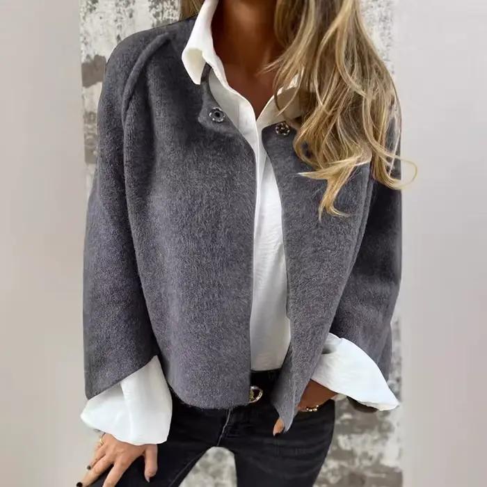 Veste courte en laine combinée pour femme, manches longues, monochromatique, vêtements d'extérieur décontractés, design, automne, hiver