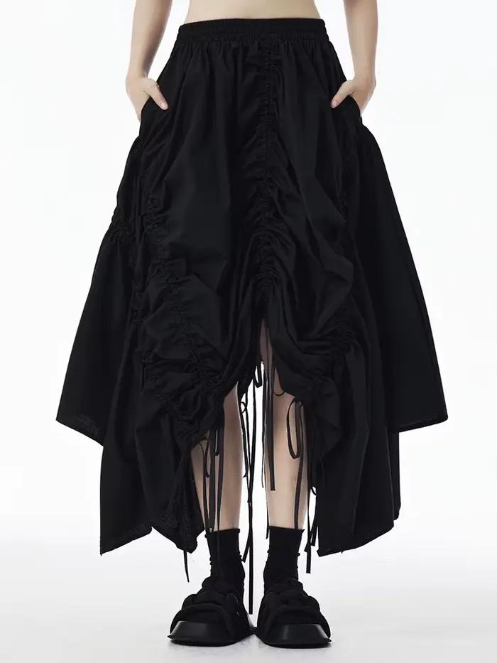 EAM taille haute élastique noir cordon irrégulier a-ligne demi-corps jupe femmes mode marée nouveau printemps automne 2026 1DJ0951