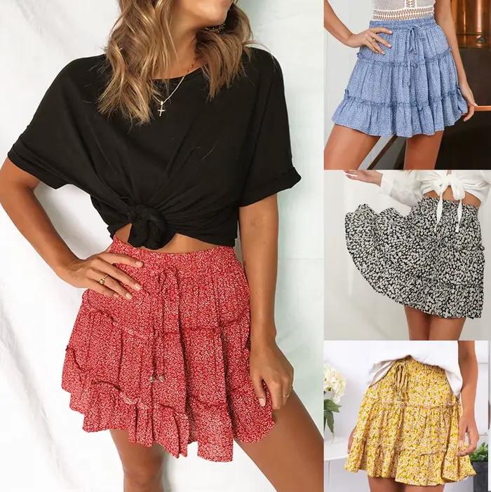 Jupe florale INPETAL à cordon de serrage pour femmes style streetwear mini design de plage d été à volants à plusieurs niveaux pour occasions estivales