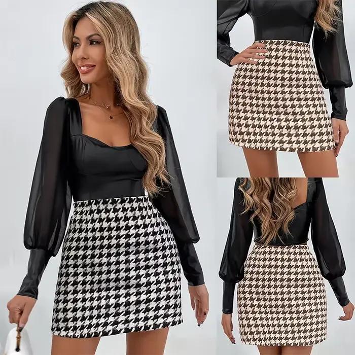 Printemps automne Y2K Sexy mode taille haute pied-de-poule a-ligne jupe femmes décontracté Vintage Plaid dame coréenne mince femme hanche jupes