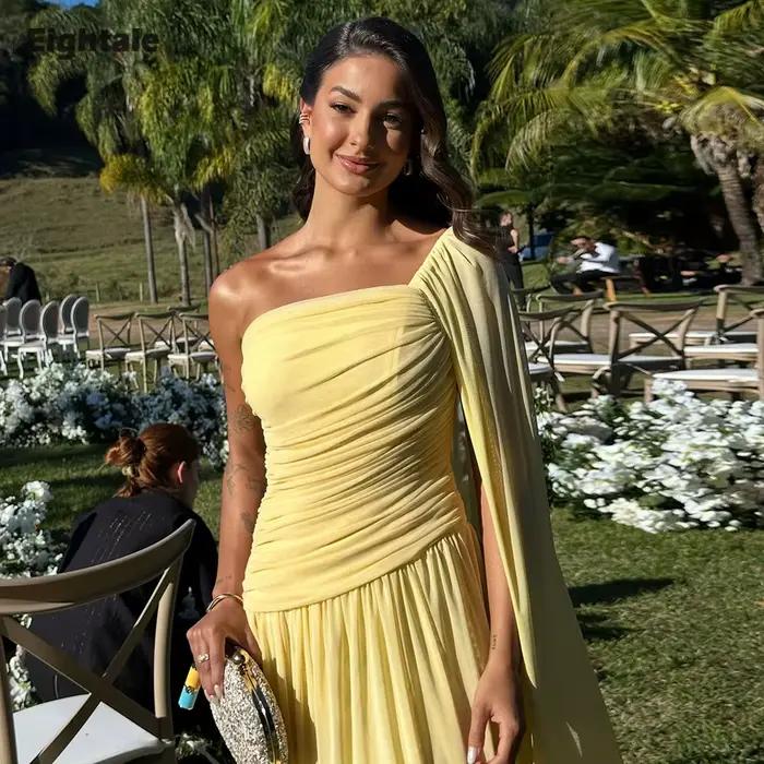 Robes de soirée jaunes Eightale pour mariage, plissées en mousseline, asymétriques à une épaule, style musulman, personnalisées, coupe trapèze, pour bal de promo
