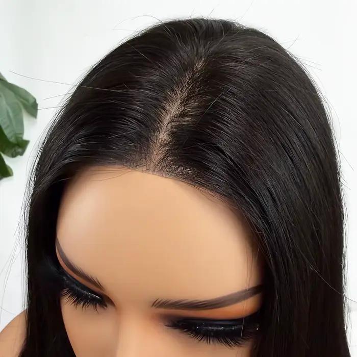 Perruques longues et droites en cheveux humains pour femmes, 10x12cm, avec dessus en soie et devant en PU, sans colle, ajustables, noires naturelles, pour usage quotidien