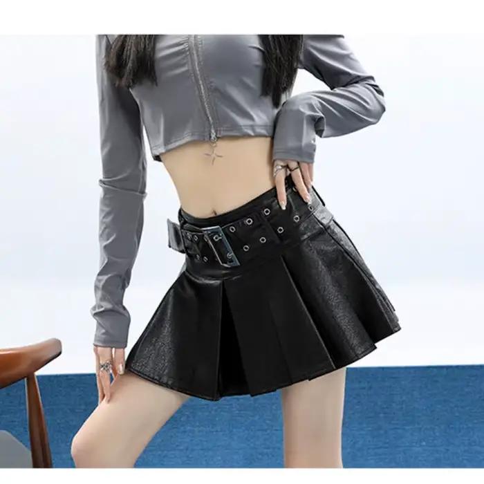 Deeptown-Mini jupe plissée en cuir pour femme, jupes rétro pour femme, streetwear gothique, ligne A, noir, punk, grunge, vintage, Y2k