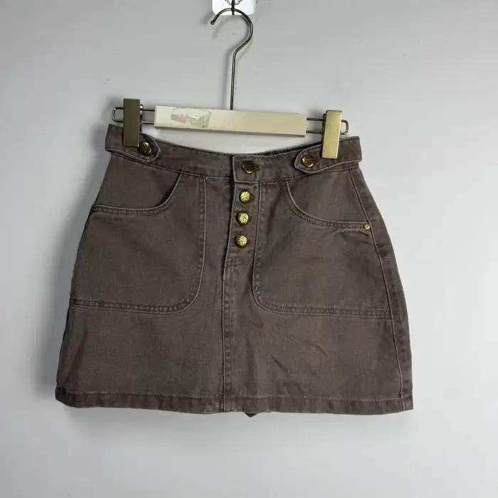 Jupe en jean taille haute couleur café coupe trapèze pour femme