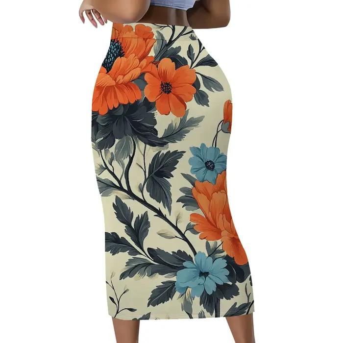 Jupe crayon florale, jupe midi imprimée orange et bleue, jupe moulante taille haute, tenue de bureau élégante, S-2XL