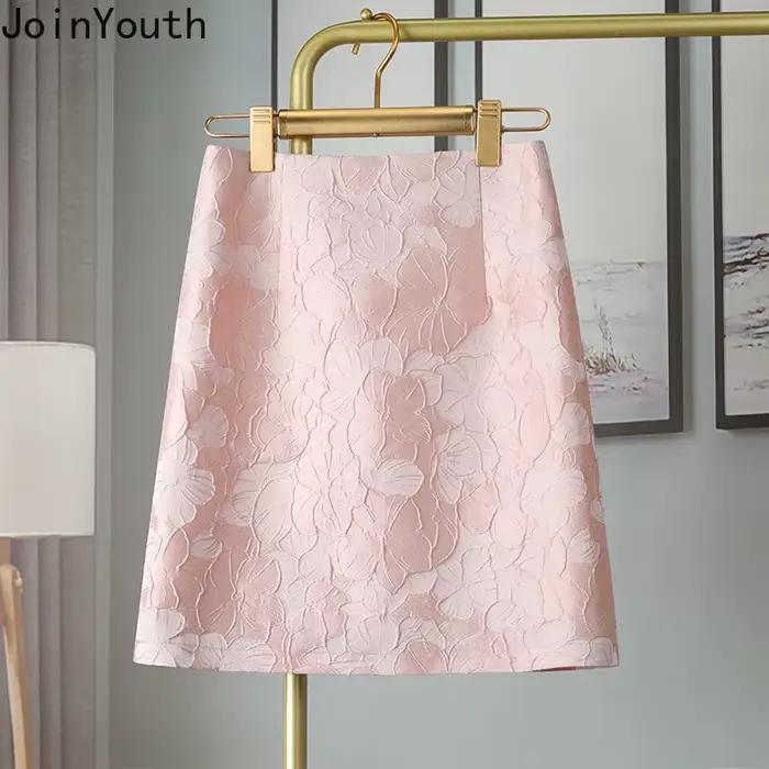 Jupe Jacquard pour femmes 2025 Faldas Mujer De Moda taille haute tunique rose