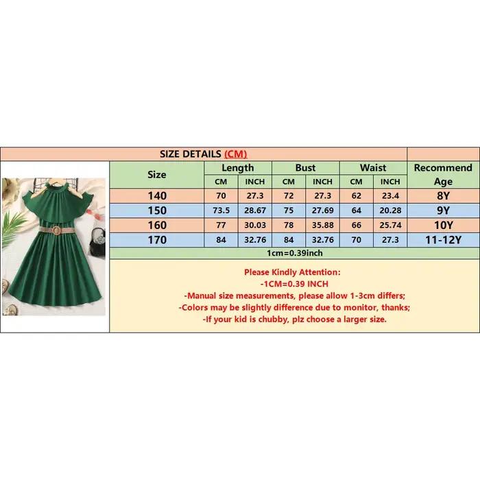 Robe de princesse pour filles de 8 à 12 ans, épaules dénudées, verte, avec ceinture, pour enfants filles, école d'été, tenue trapèze décontractée quotidienne