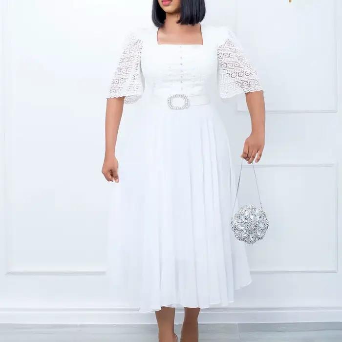 Robe blanche femmes fête longues robes volants dentelle mousseline de soie taille haute 2025 été fête de mariage robes élégant Vintage en vrac