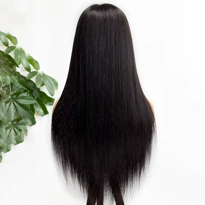 Perruques longues et droites en cheveux humains pour femmes, 10x12cm, avec dessus en soie et devant en PU, sans colle, ajustables, noires naturelles, pour usage quotidien