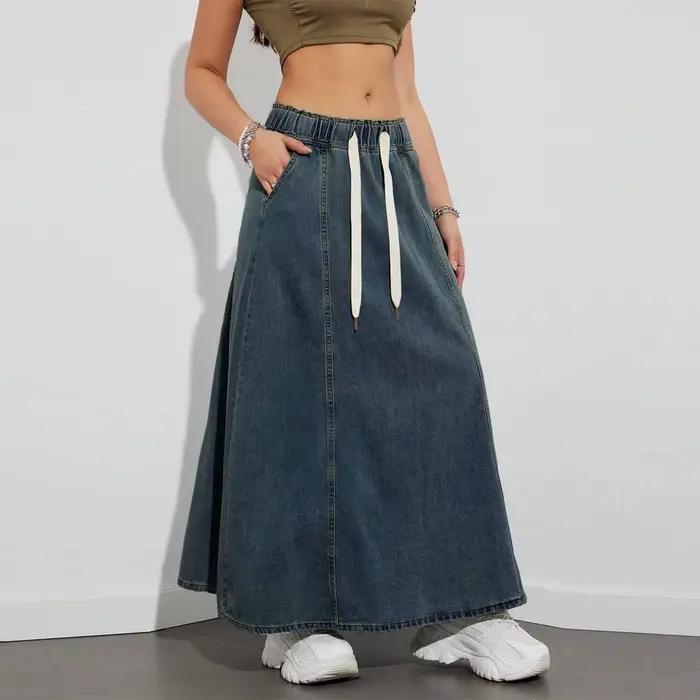 Jupes longues en Denim pour femmes, cordon élastique, taille haute, ligne A, évasée, pour printemps et automne, Streetwear Y2K
