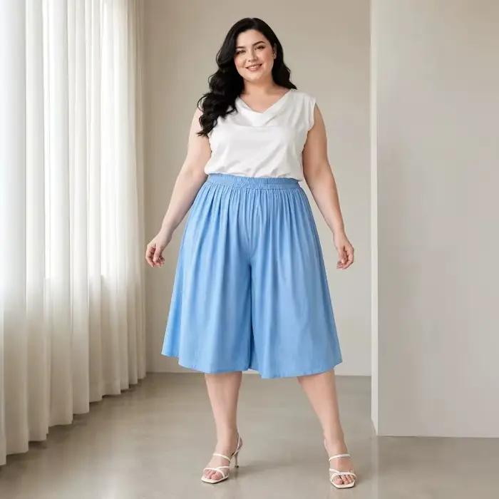 Shorts-jupe ample pour femme en coton polyester élasthanne style décontracté et plissé pour les journées estivales grandes tailles