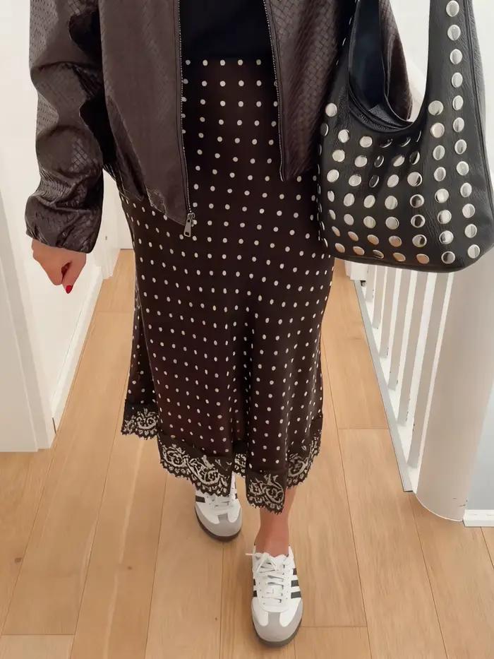 Jupe longue en satin à pois pour femme avec dentelle