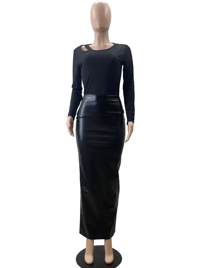 2025 PU jupe Midi mode Sexy femmes taille haute élastique longue