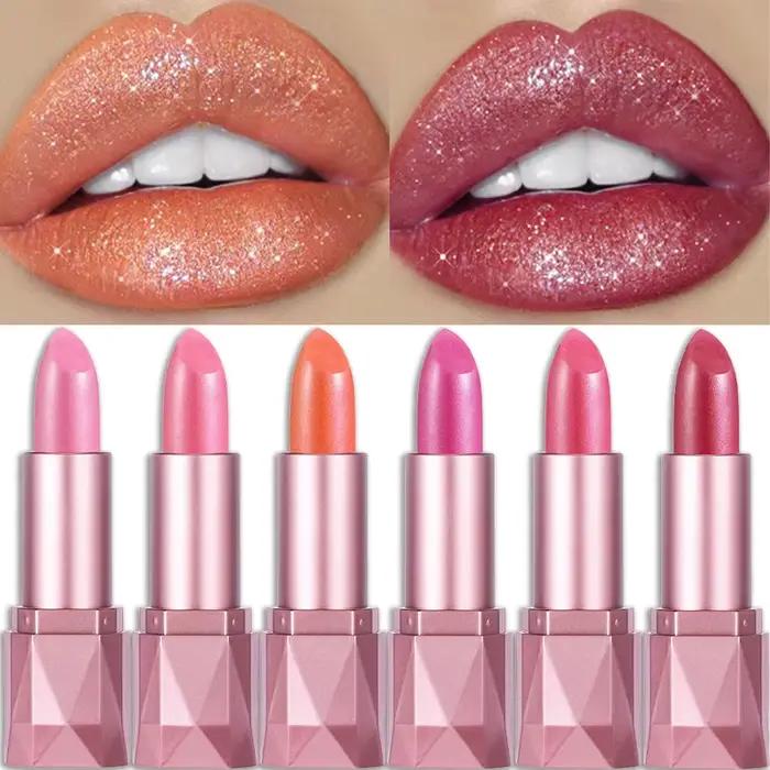 Rouge à lèvres à paillettes diamant rose scintillant, brillant à lèvres en losange métallique, hydratant durable, imperméable, perle, maquillage à haute brillance