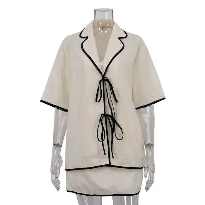 Été ample Beige coton 2 pièces ensembles femmes tenue 2025 décontracté demi manches chemise avec taille haute Mini jupe