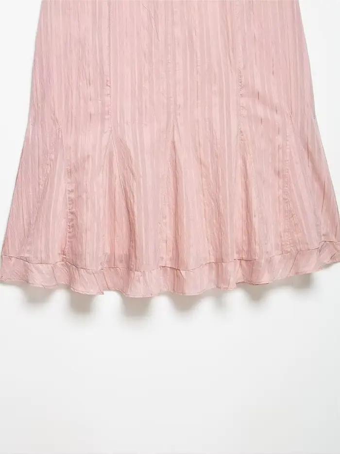 Jupe mi-longue décontractée évasée taille haute rose clair rayée élégante et respirante pour femme – Collection Printemps-Été