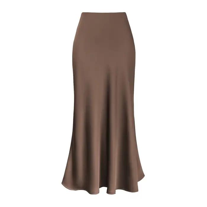 Jupe longue en satin de soie élégante à volants pour femmes, couleur unie, fermeture éclair au dos, occassions spéciales, chez soi, quotidien, décontracté