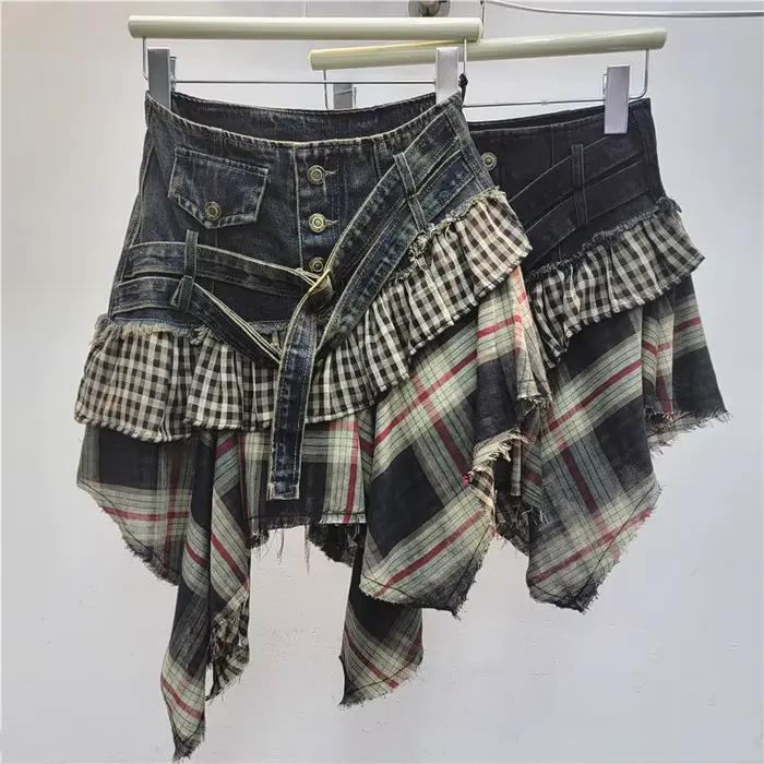 Mini jupe superposée en Denim vieilli, Plaid, Patchwork, boutons, Design, Streetwear, nouvelle collection automne 2025, jupes courtes irrégulières Y2k