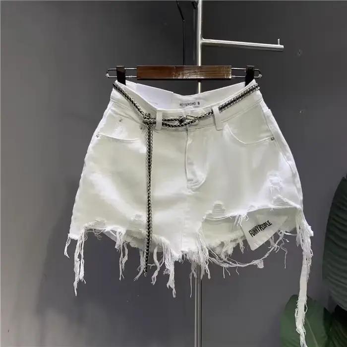 Nouveau coréen blanc brut jupe en jean irrégulière femmes Anti-marche trou nu poche exposée