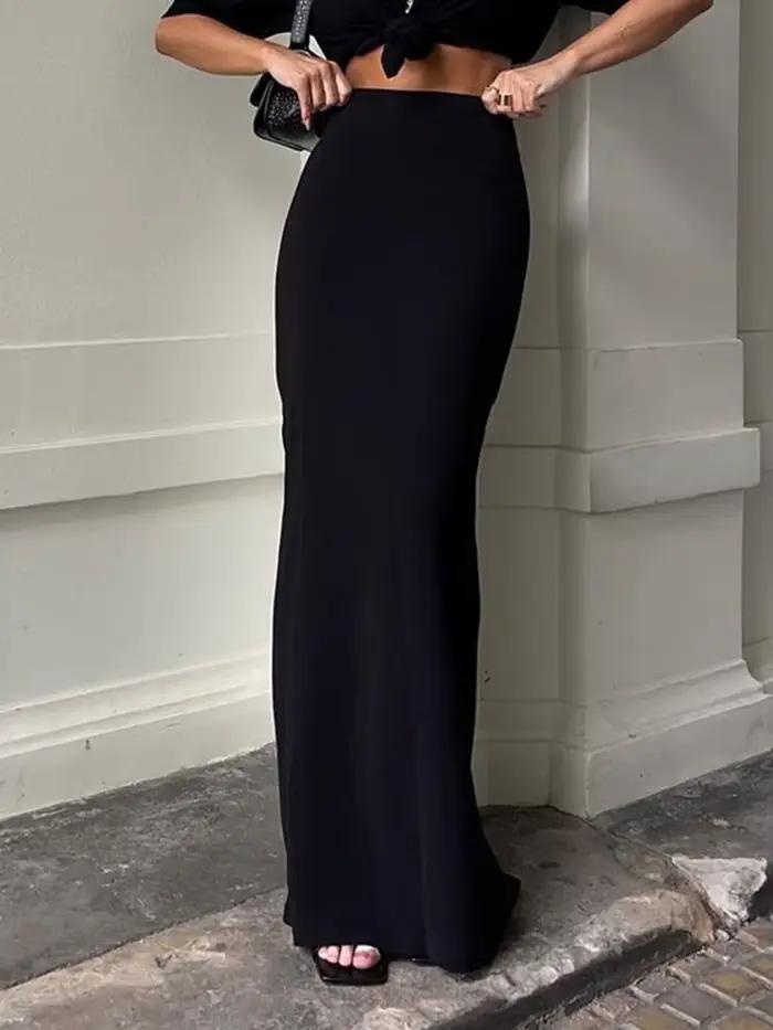 Jupes longues noires élégantes pour femmes avec coupe crayon sans couture, saison automne-hiver, matériau coton-polyester, tailles S, M, L, ajustement mince et longueur cheville