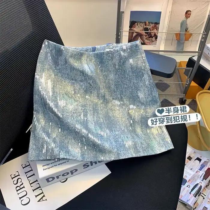 Jupe en jean à paillettes bleues
