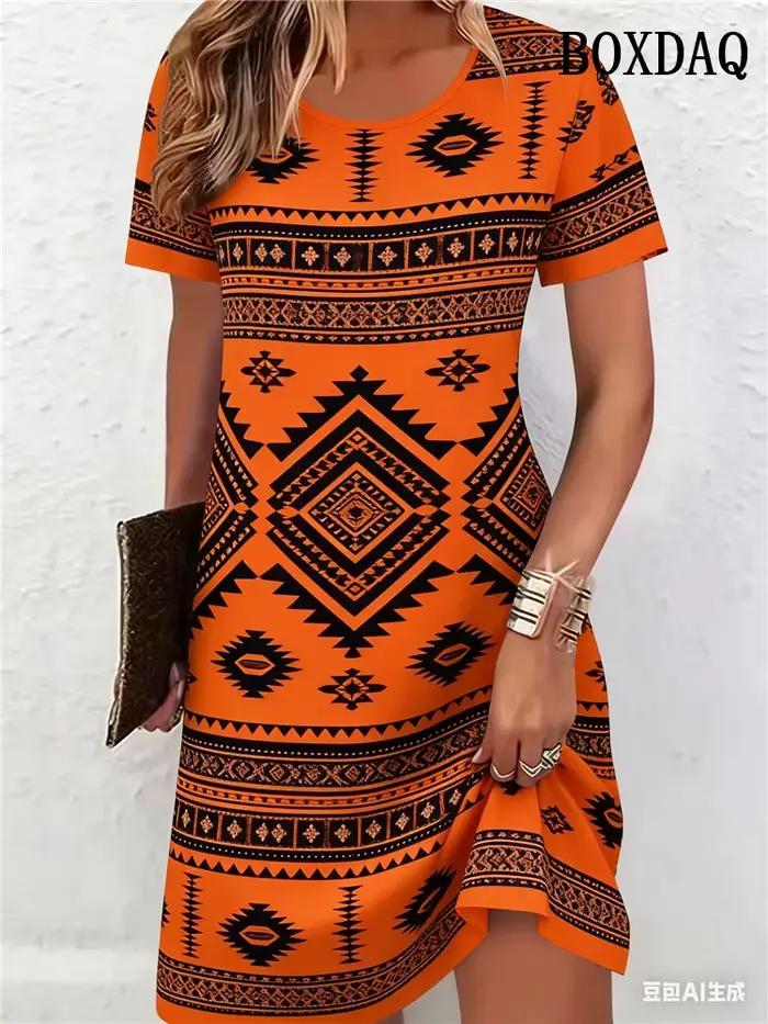 Robes pour femmes à motif ethnique, impression 3D, mode été 2026, manches courtes, coupe ample, style A, vêtements décontractés pour femmes