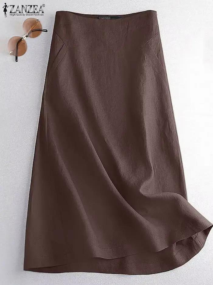 Jupe ample femme ZANZEA couleur unie coton mi-mollet ajustement lâche décontracté vintage mode occasions diverses