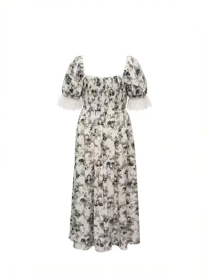 Robe longue vintage imprimé Toile de Jouy pour femme