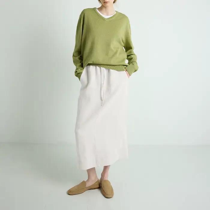 100% lin femmes cordon jupe droite printemps/été nouveauté taille élastique Simple décontracté ample femme dos fendu jupes