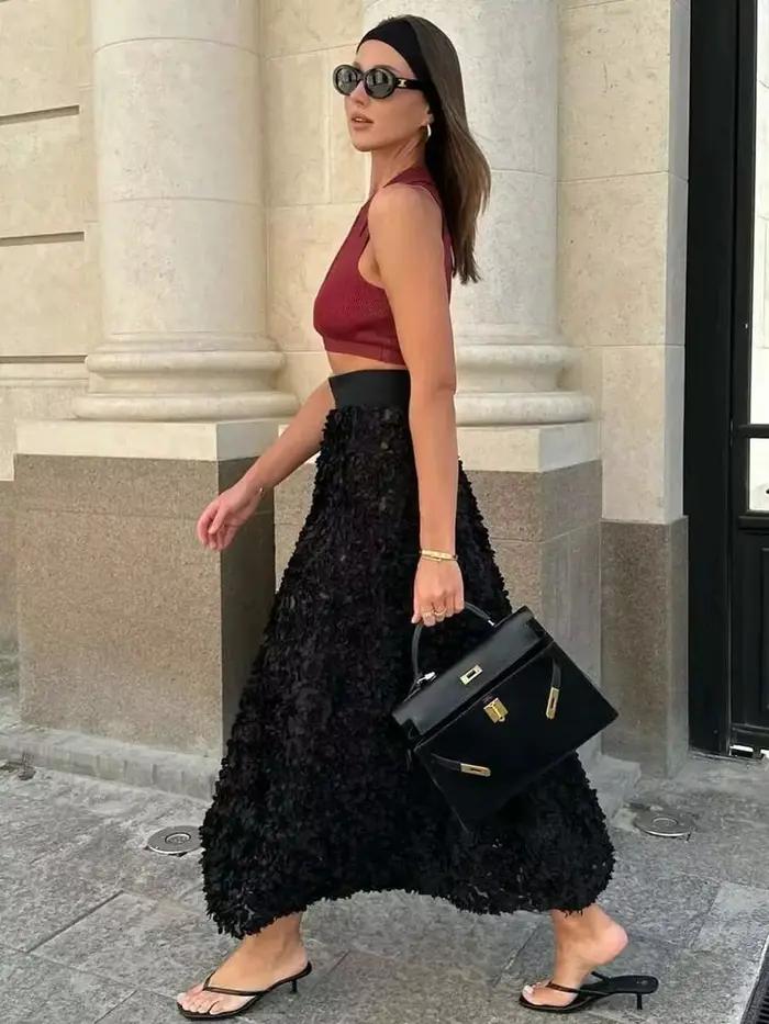 Hiver rouge mode longue pétale jupe femmes Design pired robe de soirée élégante dame Unique taille haute