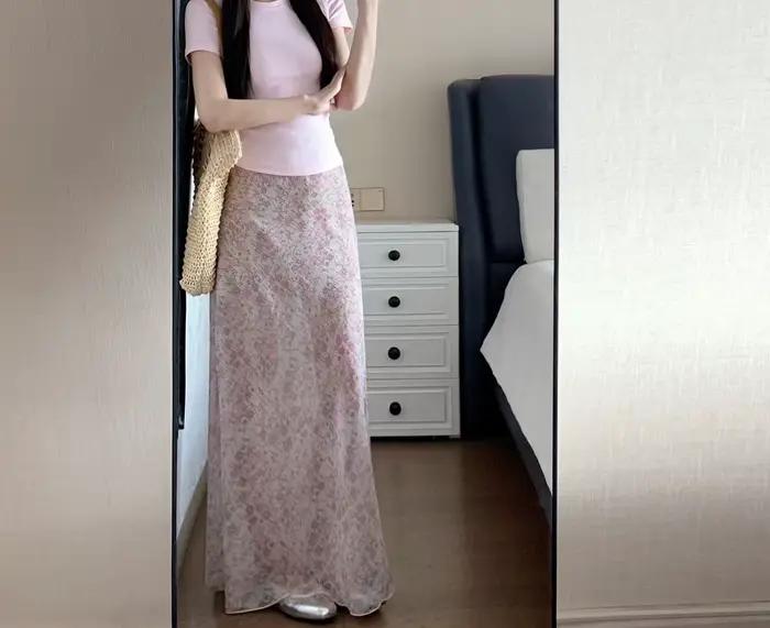 Jupe longue florale taille haute style français, nouvelle collection été 2026, coupe ajustée et élégante