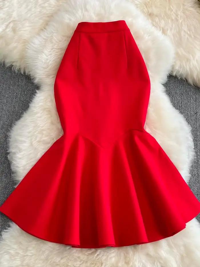 Jupe trompent taille haute à volants pour femmes, jupe ronde sexy, élégante, monochromatique, bureau, printemps, été