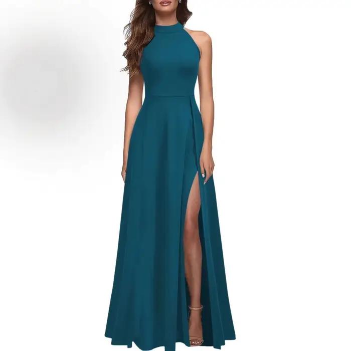 Robe de soirée longue à col haut et fente latérale de couleur unie pour femmes - Robe élégante et amincissante pour banquets et fêtes