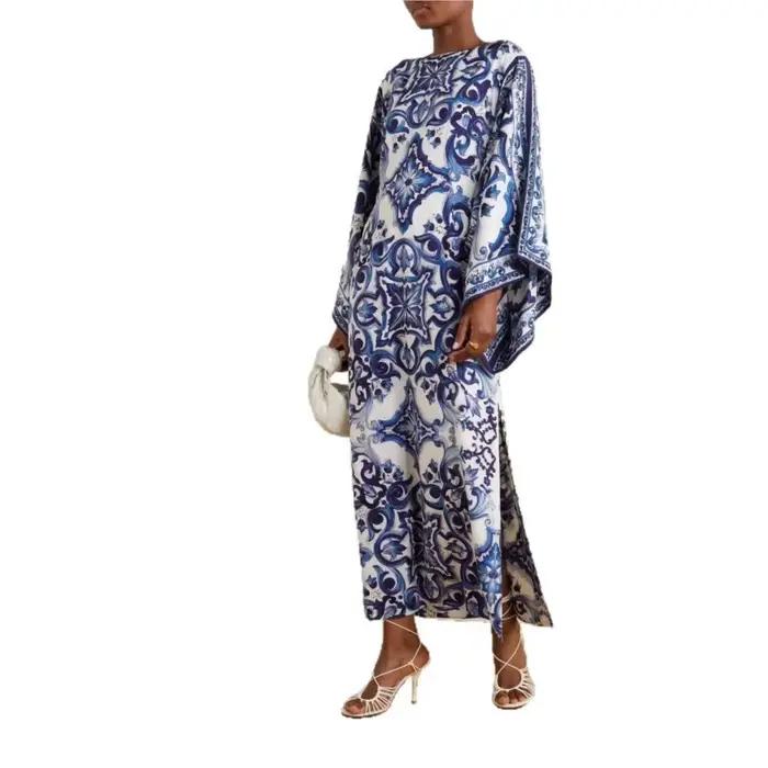 Jupe longue élégante à motif rétro imprimé pour femmes, tenue de soirée élégante, col rond, manches chauve-souris, ample, nouveau Style d'automne