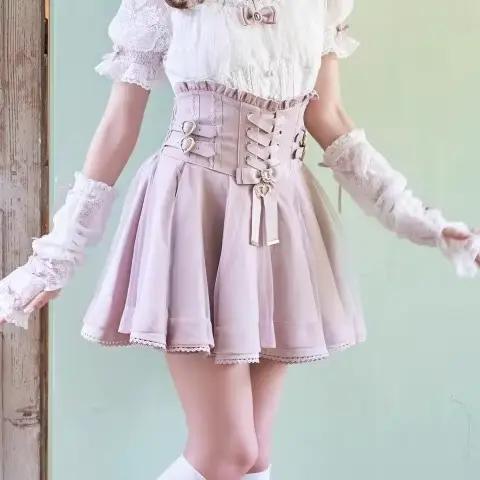 Liz japonais nouvel été bord en dentelle anneau en cuir taille haute jupe plissée nœud de ruban jupes courtes tout-match gros nœud Blouses Lolita