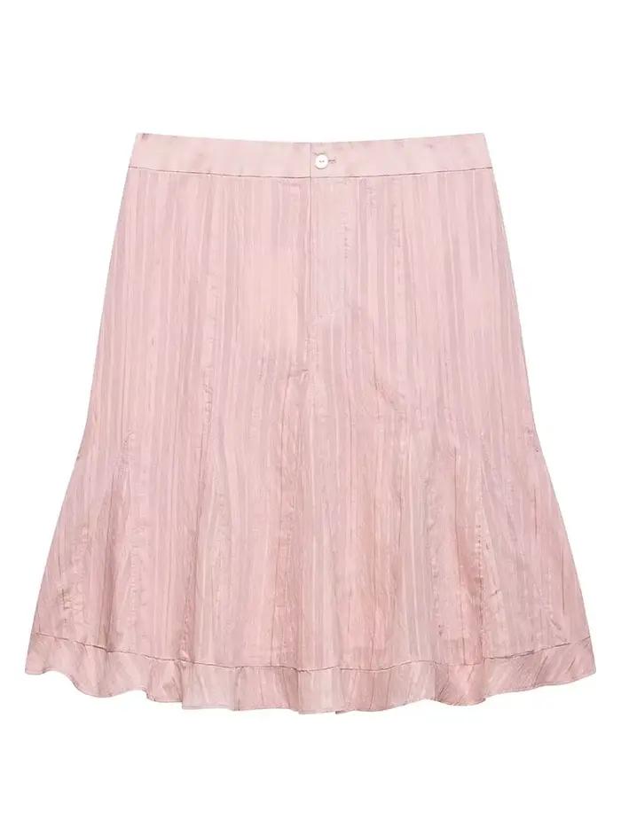 Jupe mi-longue décontractée évasée taille haute rose clair rayée élégante et respirante pour femme – Collection Printemps-Été