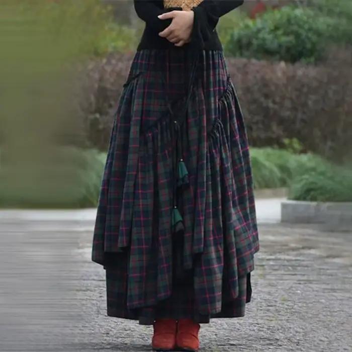 Jupe longue tartan taille haute rétro pour femmes, jupe évasée Maxi à carreaux, mode vintage, printemps, automne, 2024