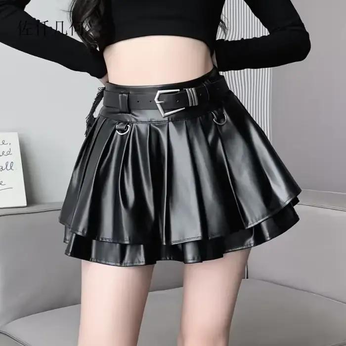 Nouvelles jupes en cuir plissé femmes coréennes taille haute solide a-ligne haute rue mode bases jupe courte femme