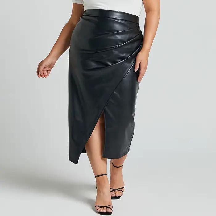 Jupe mi-longue en similicuir PU pour femme