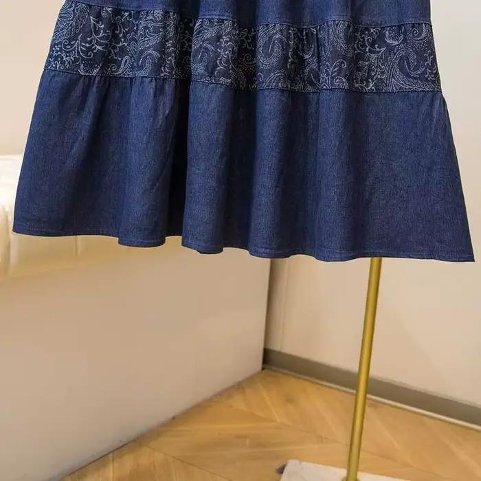 Jupe mi-longue en jean style ethnique rétro taille élastique grande