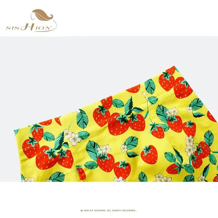 SISHION 50s 60s Vintage fraise imprimé Mini longueur jaune jupe SS0008 une ligne coton courte Sexy été femmes jupes