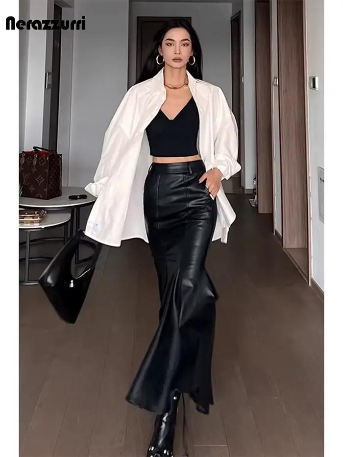 Lautaro printemps Chic élégant noir doux Pu cuir Midi sirène trompette jupe femmes taille haute Extra longue luxe élégant vêtements
