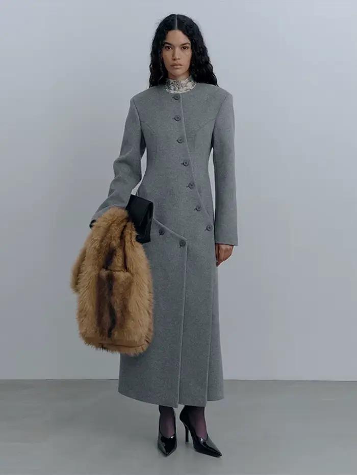 Manteau Long en laine grise pour femmes, col rond, manches longues, boutons asymétriques, Design, Silhouette élégante, vêtements d'extérieur chauds, manteau d'automne 2025