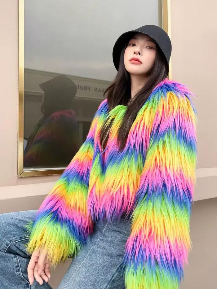 Manteau en fausse fourrure arc-en-ciel pour femme, Streetwear chaud pour femme, col rond, manches longues, vêtements d'extérieur d'hiver