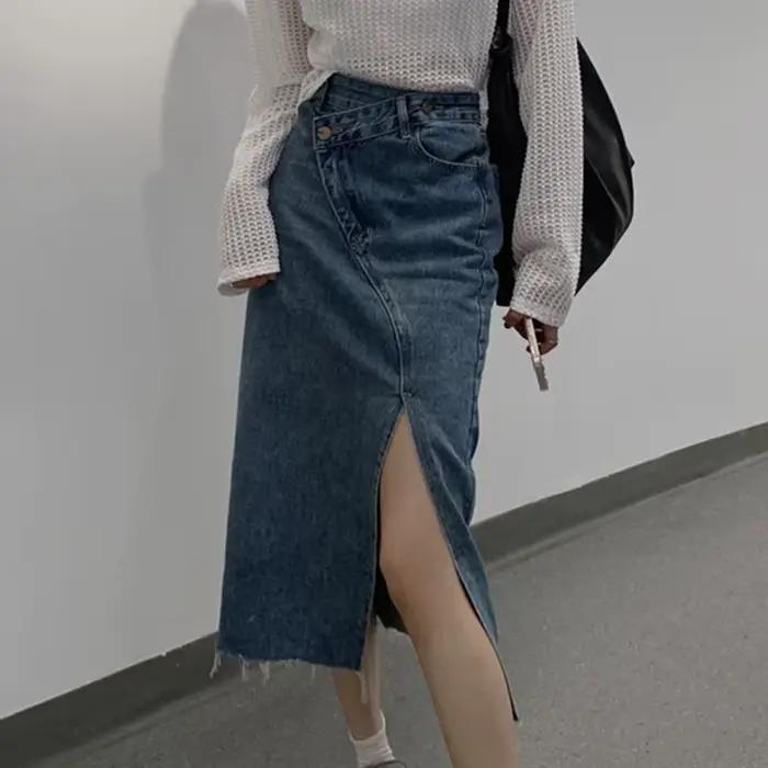 Jupe en jean taille haute fendue sur le devant pour femmes