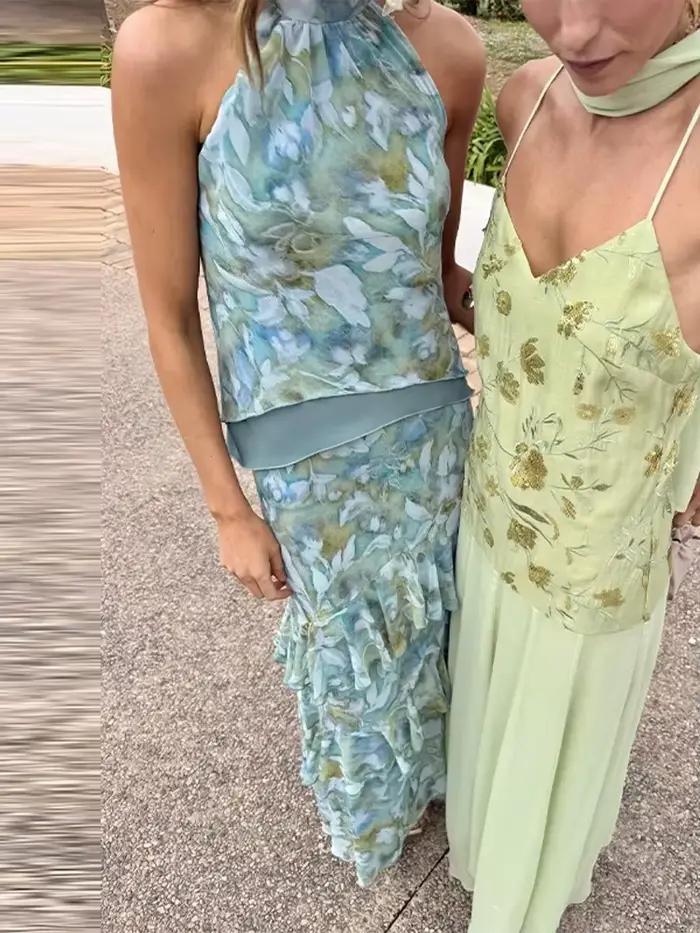 Ensemble jupe longue et haut dos nu à imprimé floral pour femme, sans manches, avec jupes à volants, tenue de plage bohème pour les vacances, été 2026