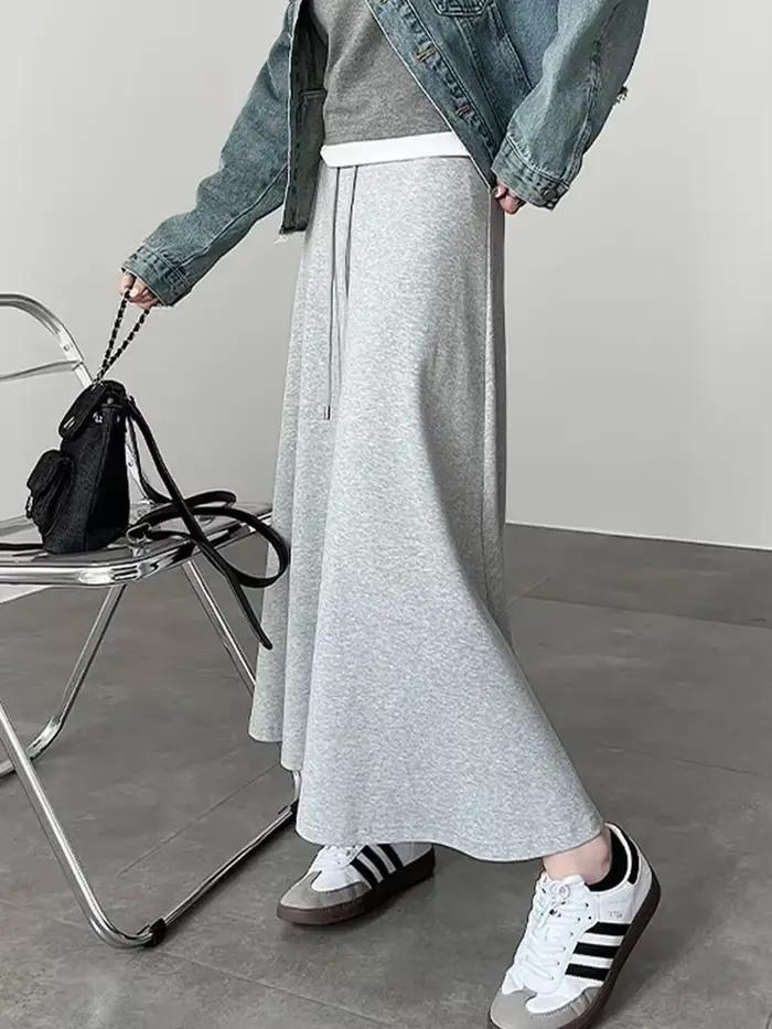 Décontracté coréen gris jupes longues femmes taille haute Style Preppy jupe mignonne printemps Vintage femme élégante Simple une ligne jupes