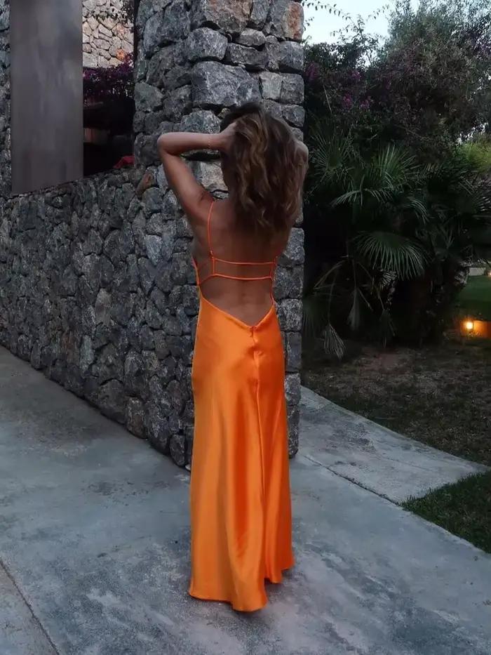 Robe Longue Plissée à Lacets pour Femme, Camisole, Coupe Cintrée, Élégante, Couleur Unie, Mode, Épissure, Chic, Vacances, Plage