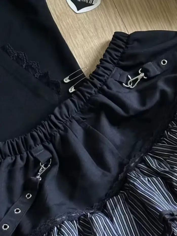 Harajuku filles rayure Punk Grunge jupes femmes Y2k esthétique taille haute gâteau Mini Streetwear dentelle Vintage